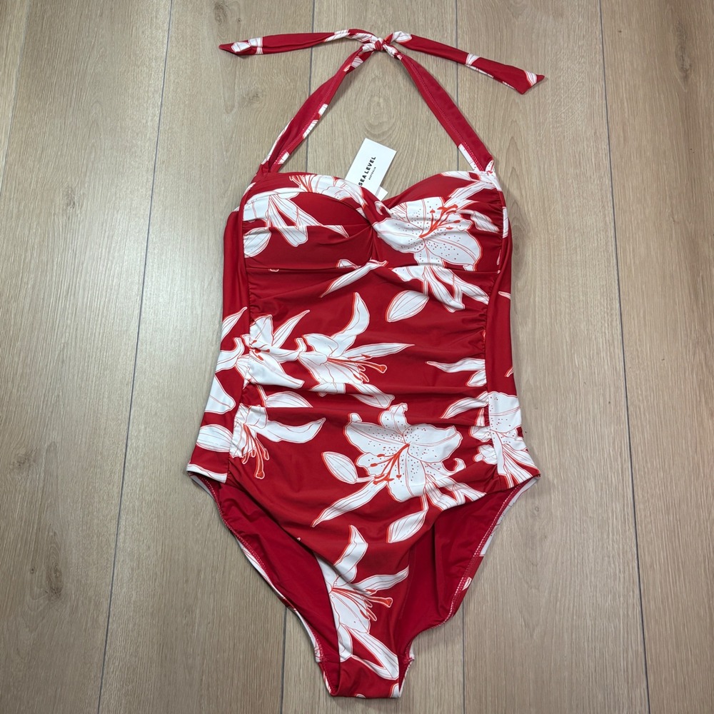 Sea Level Australia Leilana Twist Floral One Piece Swimsuit Ruby Red Halter 10